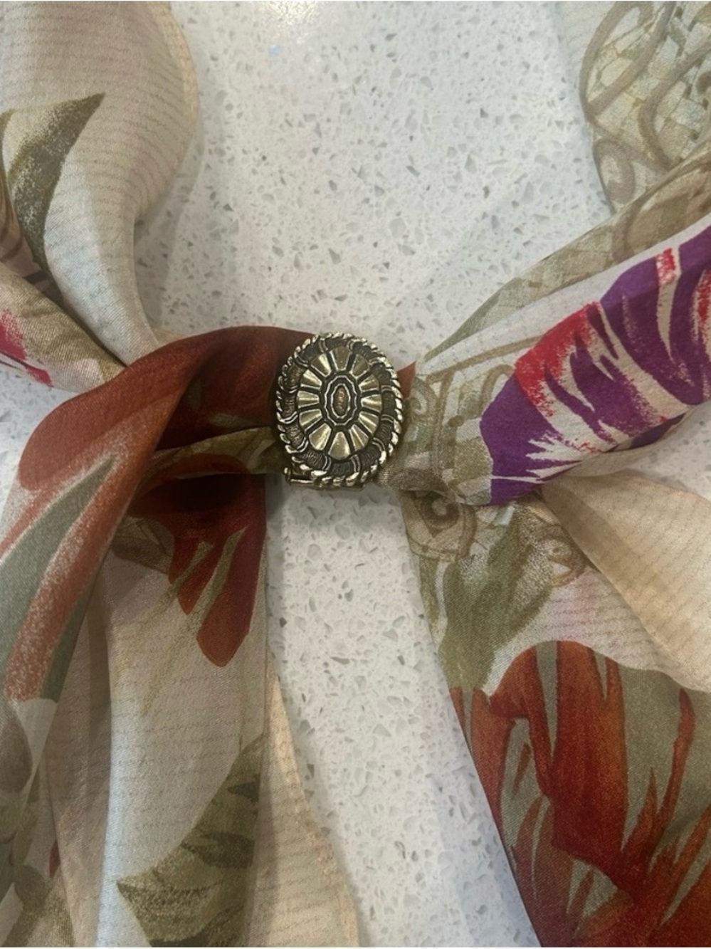 Liz Clarbourn silk scarf and vintage clip